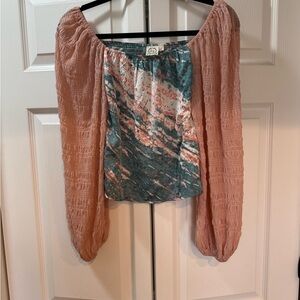 Grace & Emma Romatic Pink And Teal Off-The-Shoulder Blouse Size Small